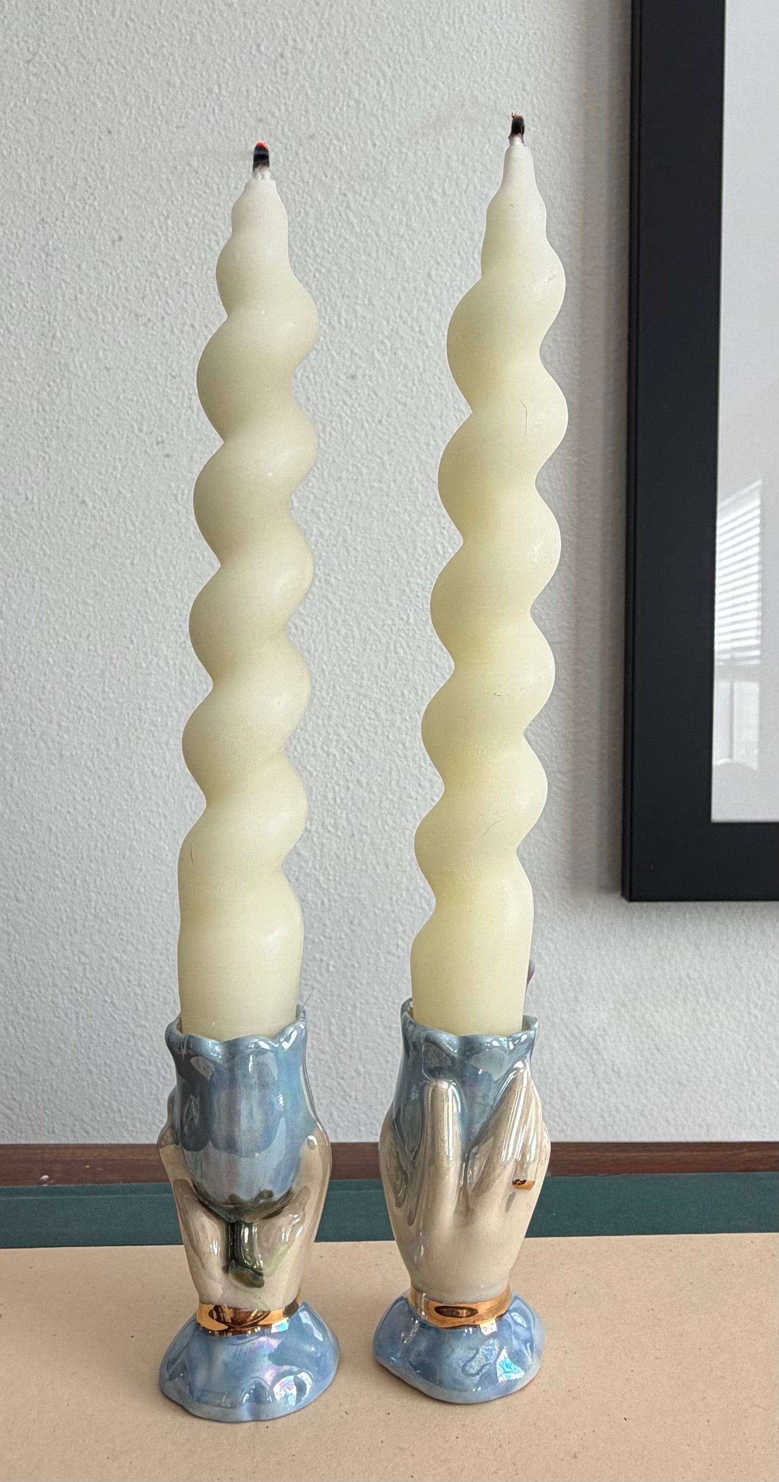 Ceramic hand and flower  candle stick   Holder, handmade, taper candle, real gold