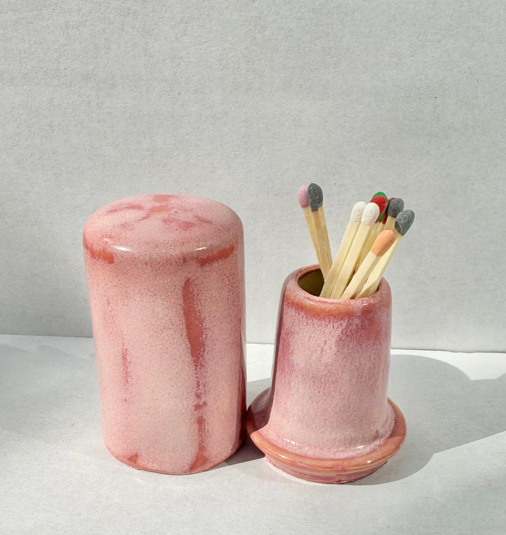 Ceramic Matchstick Holder, handmade, pink, rose, sea salt, speckled blue