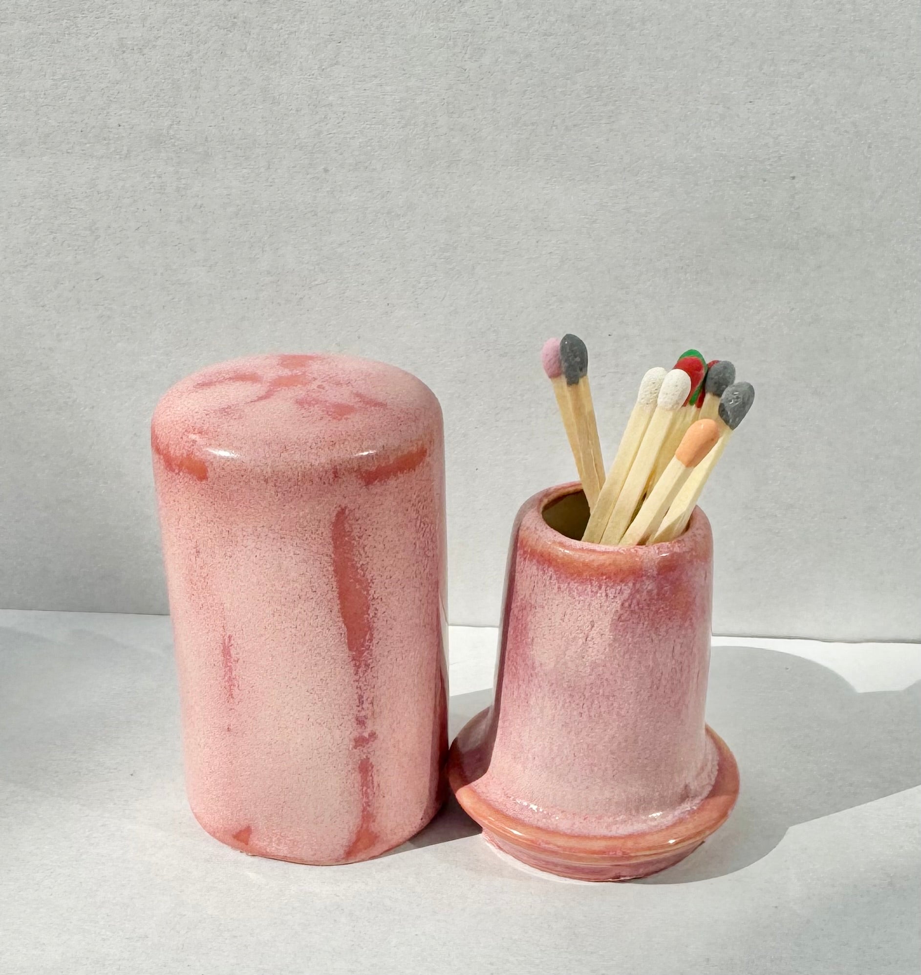 Ceramic Matchstick Holder, handmade, pink, rose, sea salt, speckled blue