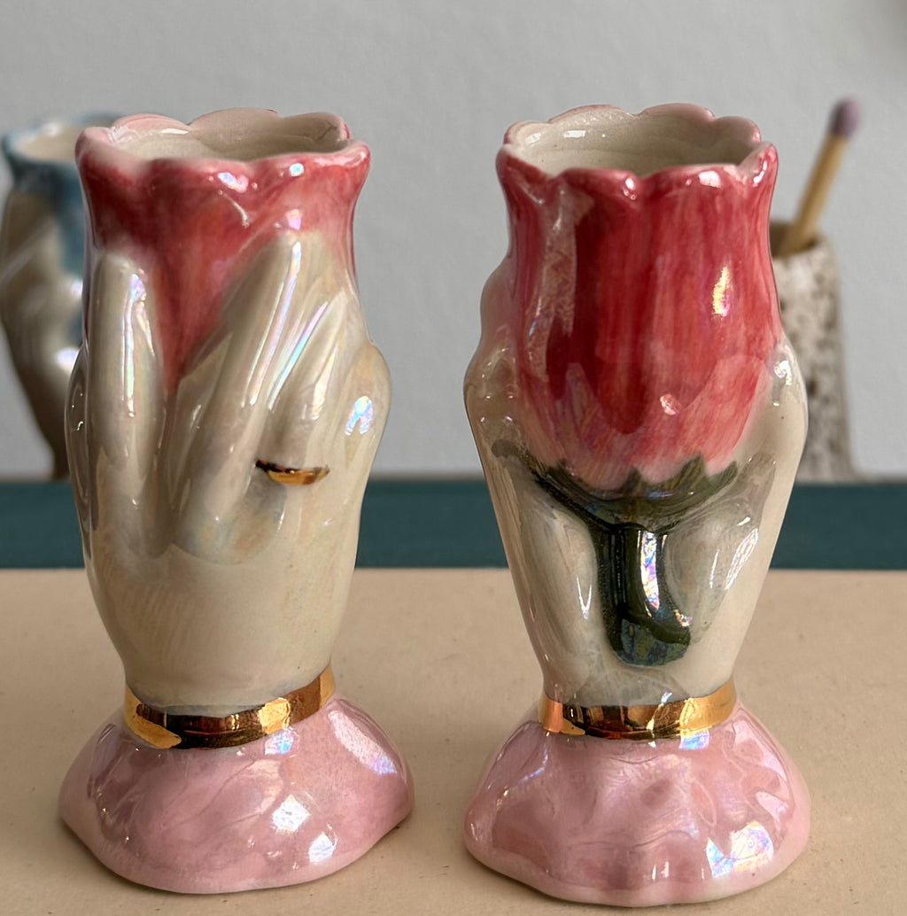 Ceramic hand and flower  candle stick   Holder, handmade, taper candle, real gold