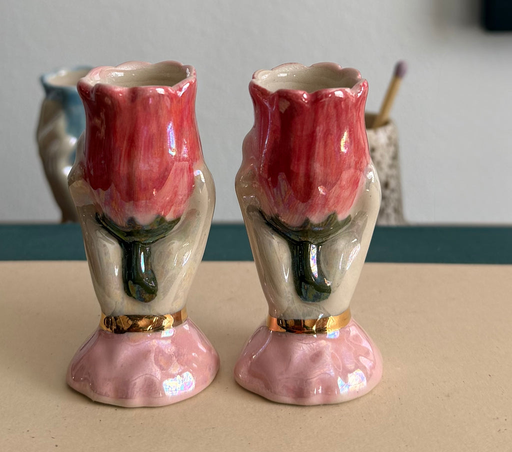 Ceramic hand and flower  candle stick   Holder, handmade, taper candle, real gold